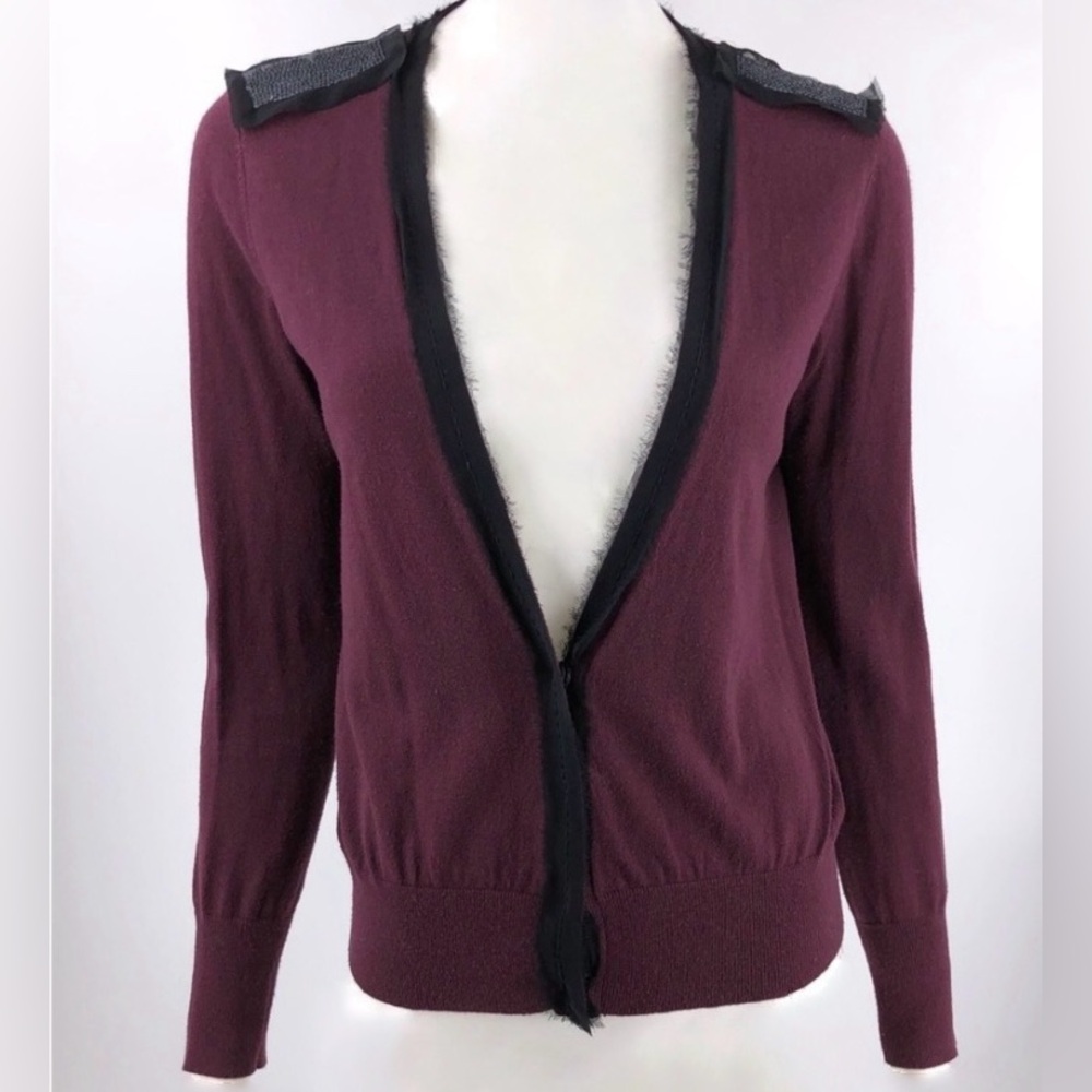 LOFT Burgundy with Black Trim & Silver Sequin Epaulettes Cardigan Sweater XL(16)